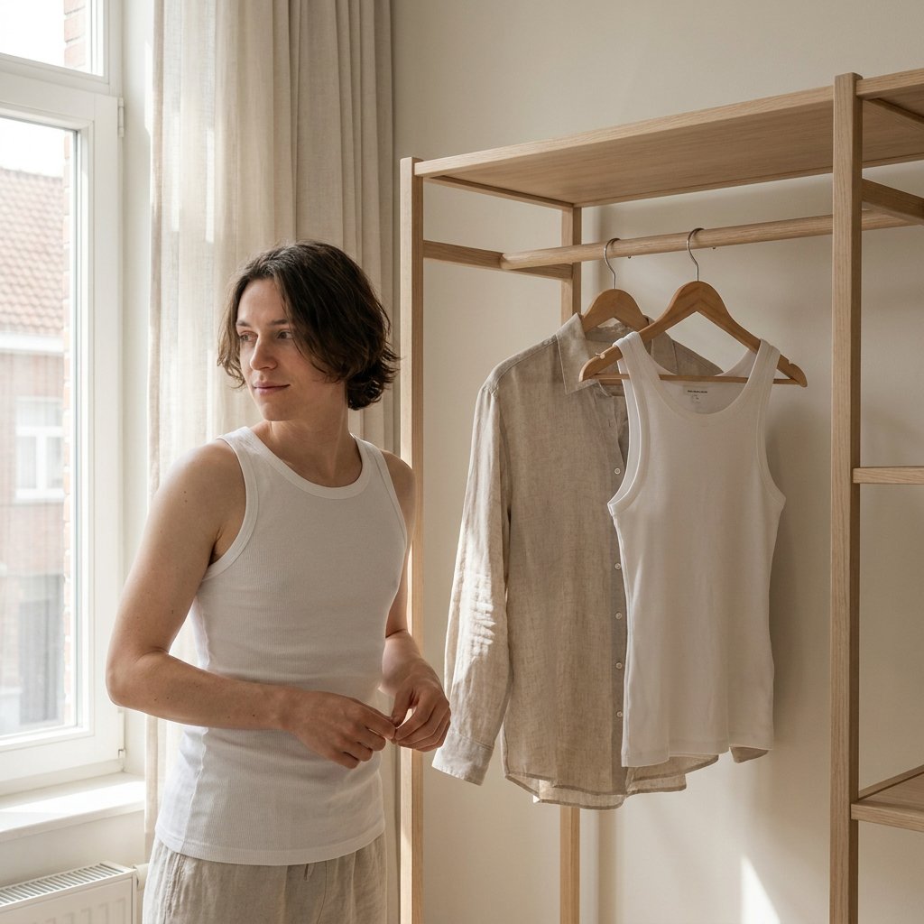 Persoon staat in een lichte slaapkamer met een wit singlet als basislaag, naast een overhemd en tanktop voor een duidelijke stijlvergelijking.