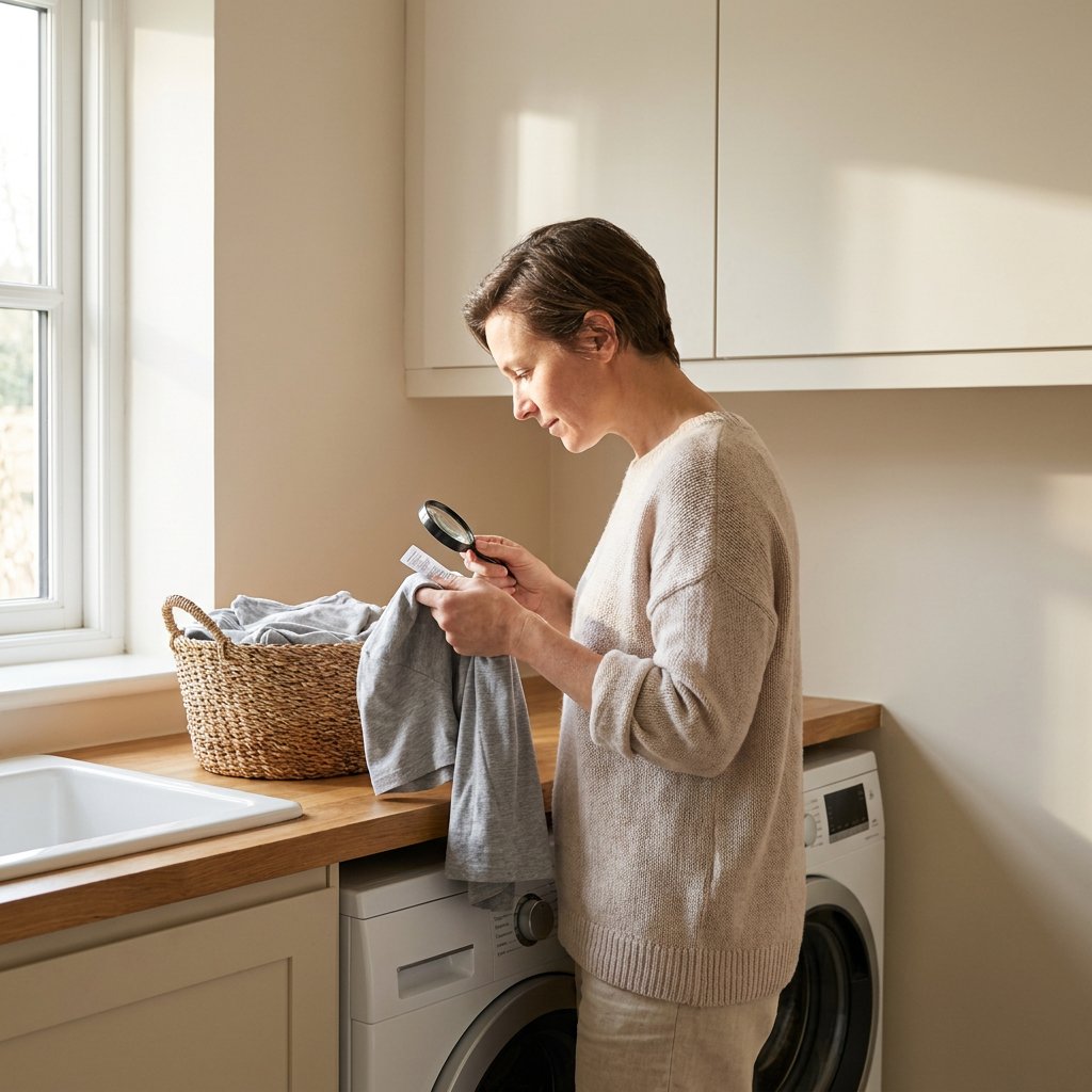 Persoon sorteert katoenen kleding naast een wasmachine in een lichte Europese wasruimte, met focus op zorgzaam wassen en krimp voorkomen.