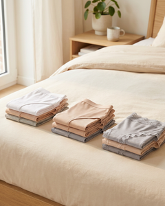 Neatly folded Sloggi 24/7 underwear in cotton, microfibre and lace rests on a soft bed in a bright Belgian bedroom with a calm, premium feel.