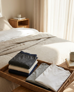 Folded Schiesser 95/5 basics on a neatly made bed in a bright Belgian bedroom, with soft cotton boxers and shirts styled in calm neutral tones.
