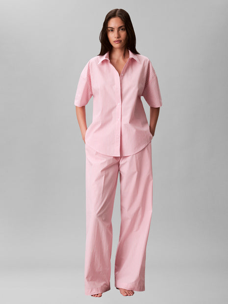 Calvin Klein pyjama pantalon long cotton poplin pant set sera stripe cradle pink femmes