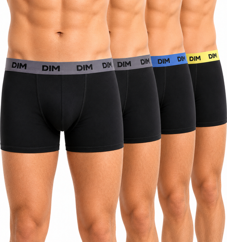 Lot de 4 boxers Dim courts homme noir, taille jaune/bleue/grise, coloris assortis