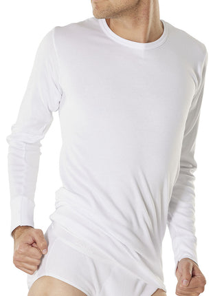 T-shirt Dulcia à col rond et manches longues, coton thermique, bord-côte 1-1, blanc, homme