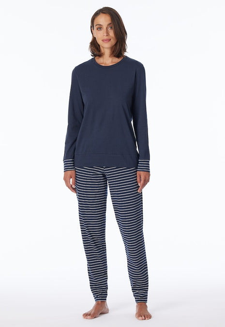 Schiesser pyjama lange broek uncover dark blue stripes pant dames Schiesser pantalon de pyjama long uncover dark blue stripes femmes