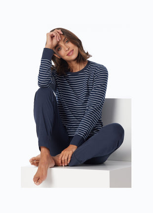 Schiesser pyjama lange broek uncover dark blue stripes dames