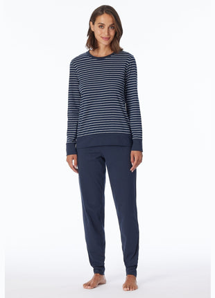 Schiesser pyjama lange broek uncover dark blue stripes dames
